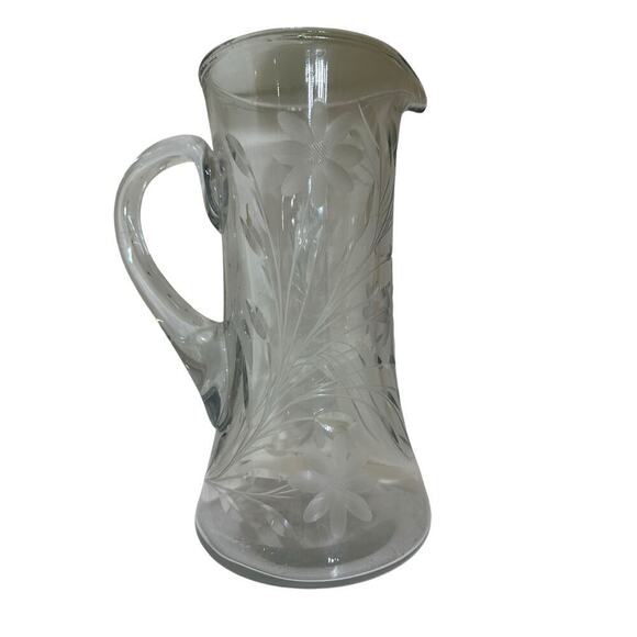 Vintage Brilliant Heavy Cut Glass Crystal Clear Water Juice Pitcher With Handle - Picture 7 of 7